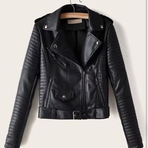 Lapel Neck Zip Up PU Biker Jacket
